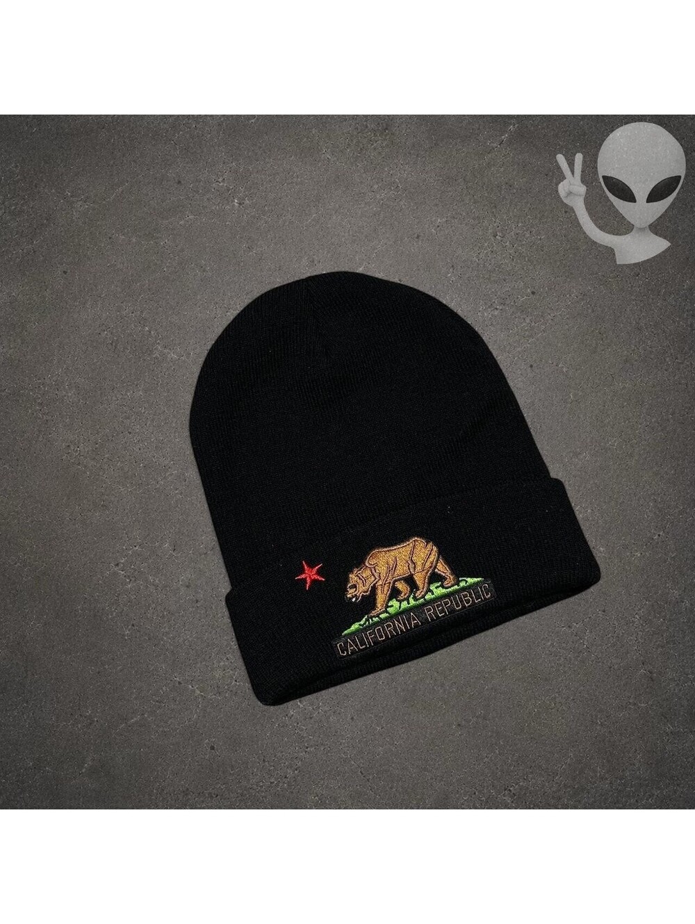 California Republic State Flag Embroidered Long Knitted Cuff Beanie